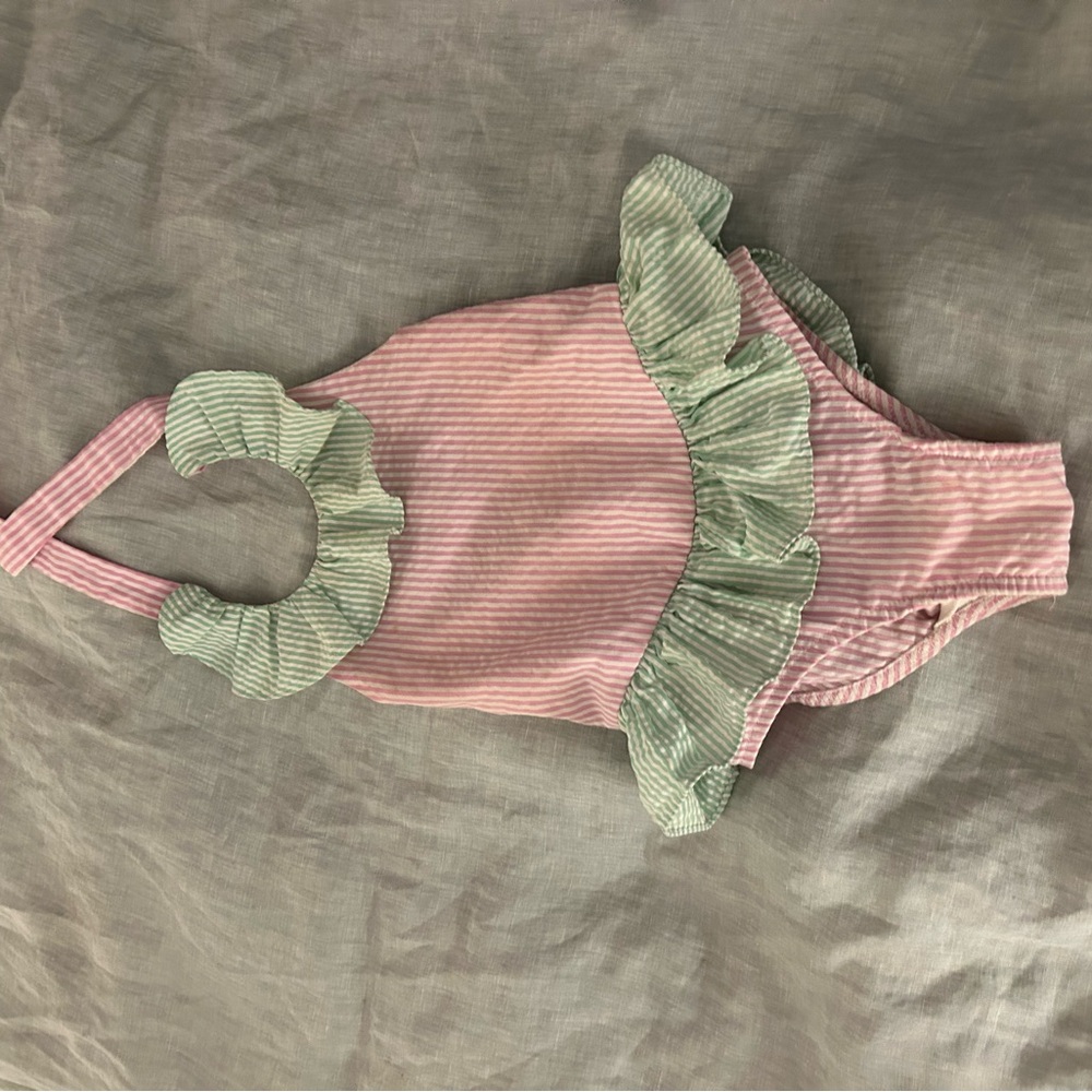 The Bailey Boys Pink and Green Seersucker Ruffle Swimsuit